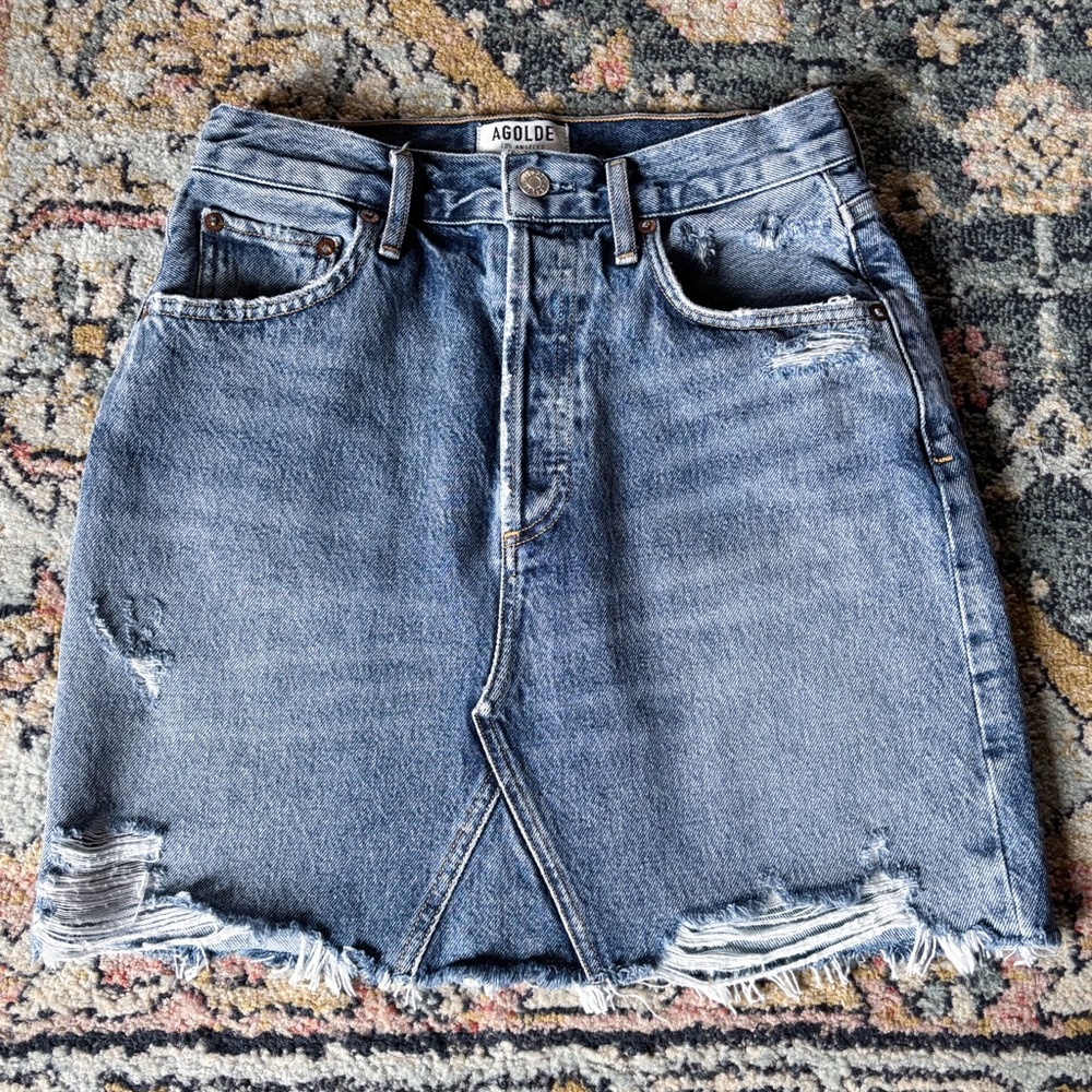 AGOLDE Ada High Rise Mid Thigh Denim Skirt in Ransom Sz 24